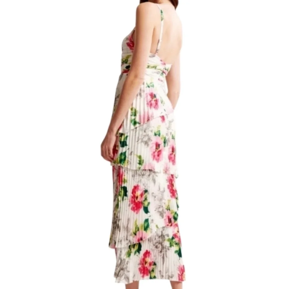 Abercrombie & Fitch Giselle Pleated Tiered Maxi Dress Satin White Floral Sz LP